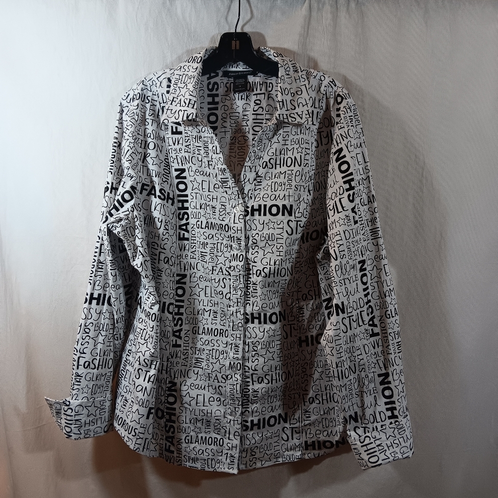 Ashley Stewart Womens 18 White Shirt Black Graffiti Print Artsy Button Up